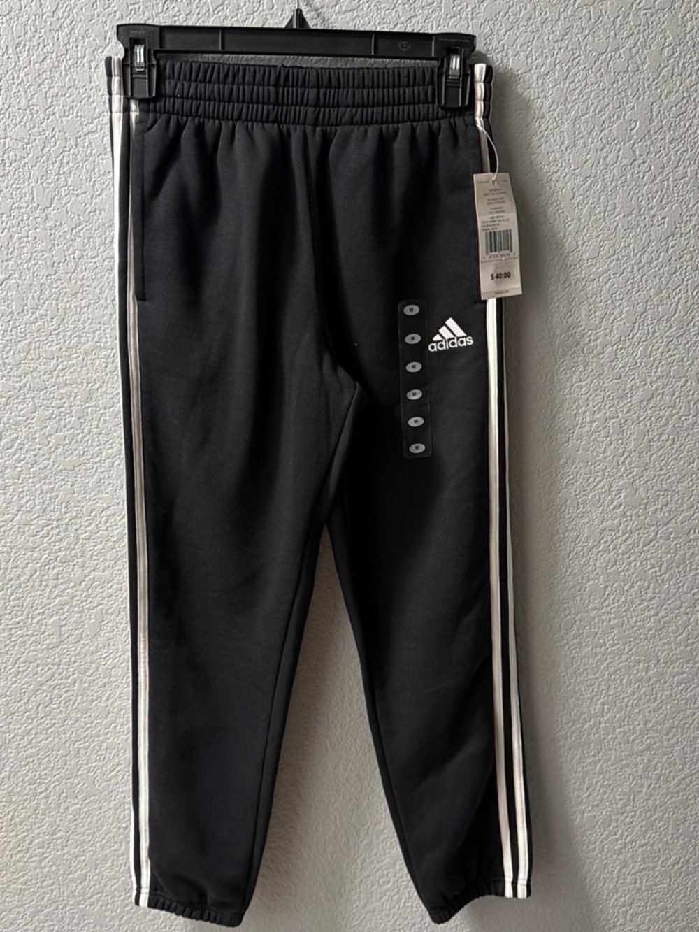 adidas Black Joggers with White Side Stripes - Kids size 10-12
